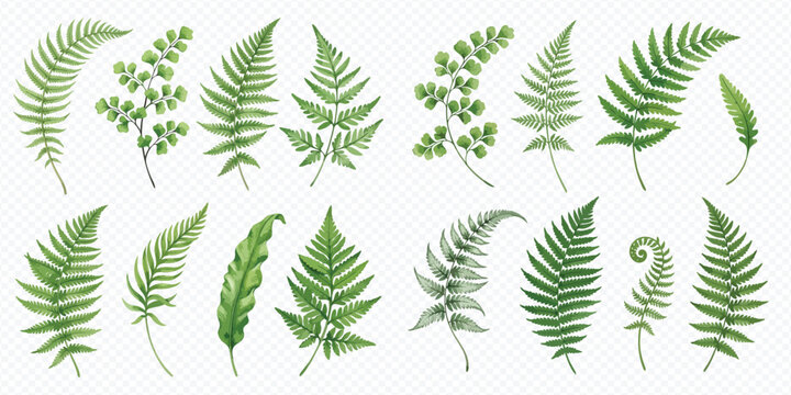 Set of watercolor fern leaves isolated on a white background for design.