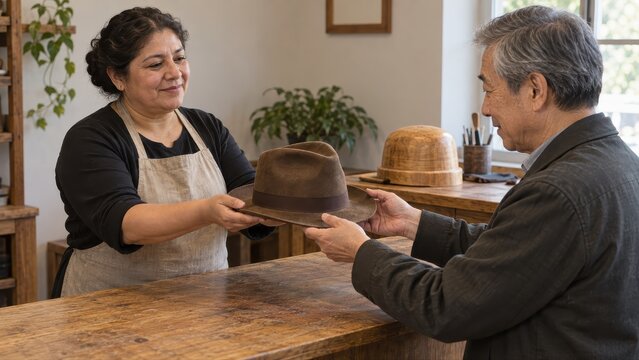Hatter returning a cooled reshaped brown felt fedora to its owner across a service counter beside the empty wooden crown block