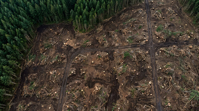 Aerial view of deforested land with tree stumps in a forest  
