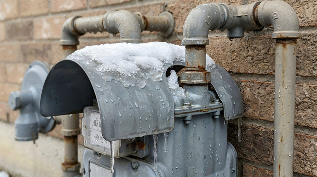 Gas meter covered in frost on a brick wall during winter  