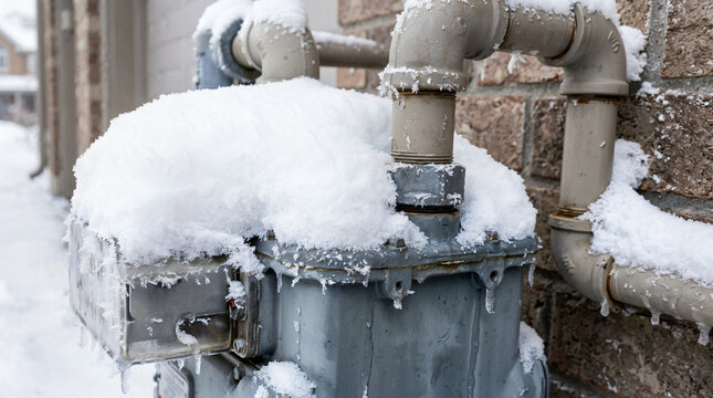 Gas meter covered in snow with ice on a winter day  