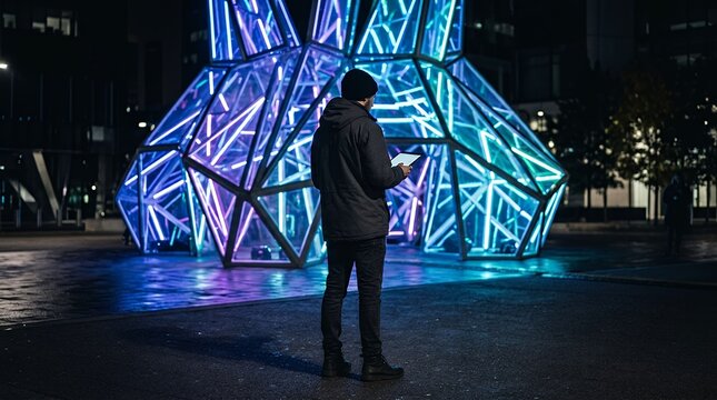 Anonymous Individual Holding Portable Digital Tablet While Observing Glowing Futuristic Structural Light Installation at Night man person anonymous observer night outdoor evening darkness light