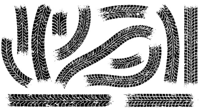 Tire tread marks after skidding, launch, drift, powerslide in motorsport, rally, off-road, motocross. Wheel texture with splash effect. Vector, JPEG version.