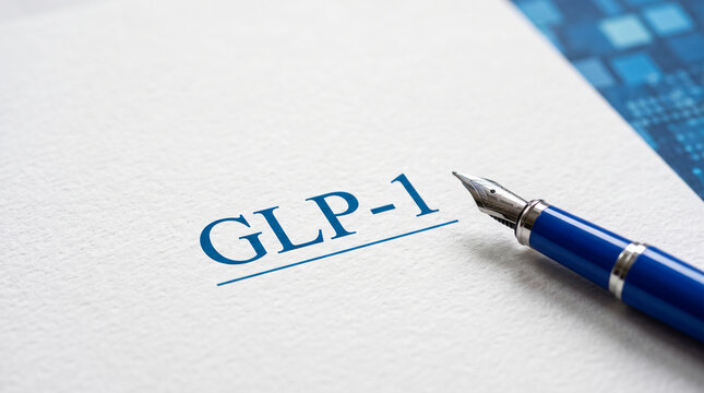 Blue text "GLP-1" on textured white paper beside a blue fountain pen, representing medical or scientific notation, with a blue background.