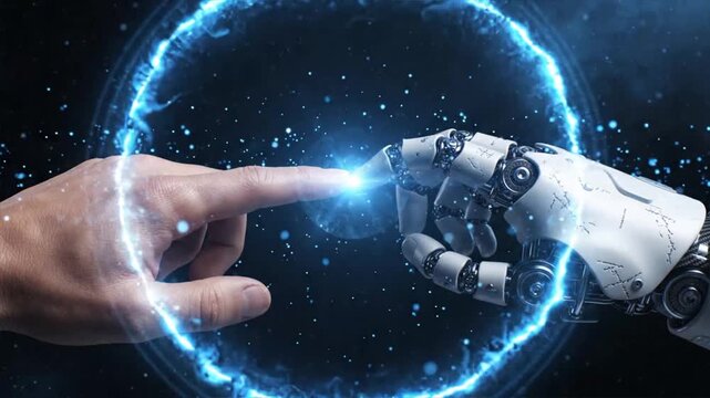 Human hand touching robotic hand emitting futuristic energy in space