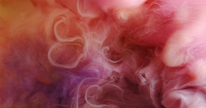 Dye splash. Mist ink. Pink orange pigment colorful blow purple texture. Defocused wave cloud blending hot paint chemical abstract background.