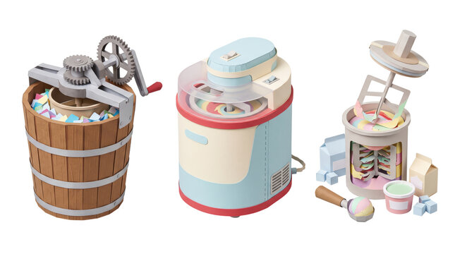 Three different ice cream makers, including a vintage wooden hand-cranked churn, a retro electric machine, and a small countertop mixer