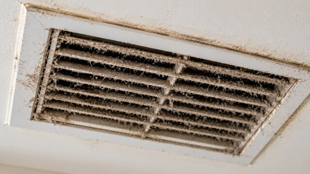 Dirty air vent covered in dust and cobwebs on white ceiling surface for ventilation system.
