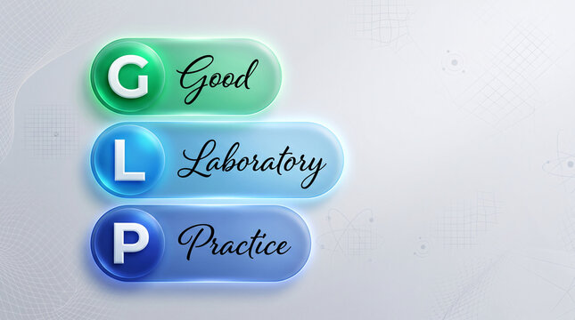 Glass buttons with letters G, L, P and words Good, Laboratory, Practice, symbolizing scientific standards, clean environment, and methodology