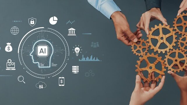 Hands Collaborating with Gears and AI Concept on Dark Background for Technology and Innovation Themes in Business and Finance. Entropy.