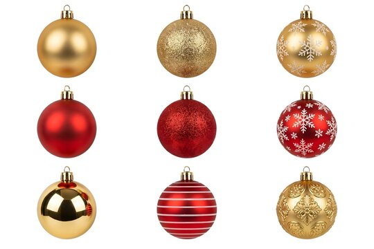 Collection of nine red and gold Christmas baubles and ornaments with matte, glossy, glitter, and snowflake patterns isolated on white background