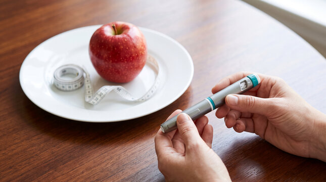 A red apple and measuring tape on a plate next to a pen injector, representing health, diet, and medical treatment