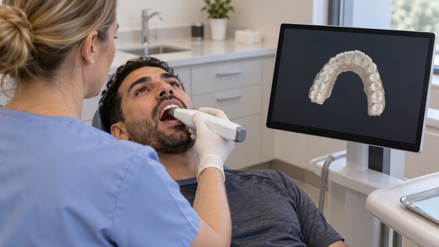 Intraoral scanner recording a player's upper teeth beside a wordless digital arch display during a professional custom sports mouthguard appointment