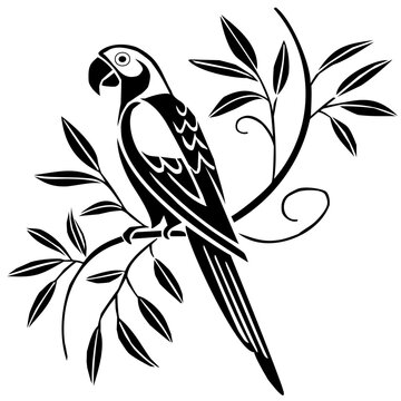 Stylized parrot perched on a branch vector illustration, black silhouette bird art design