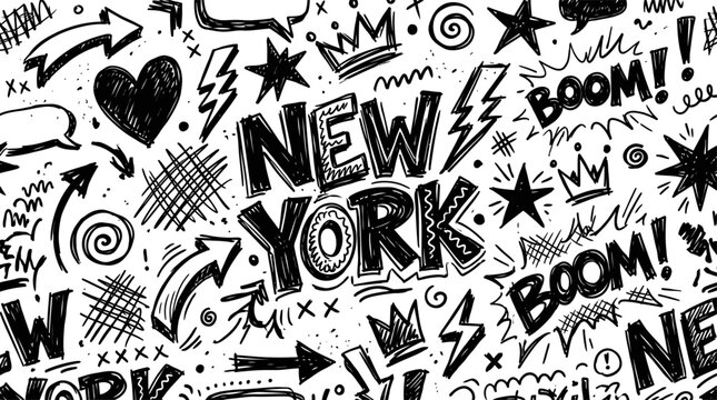 New York graffiti doodle pattern with boom and lightning symbols in black and white vector illustration