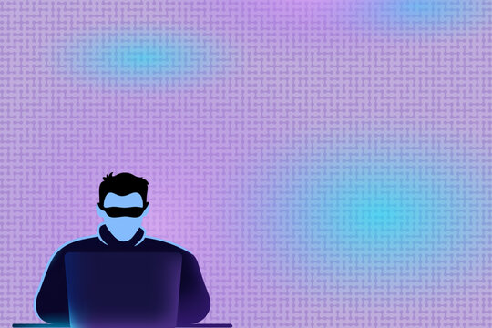 Crypto trader with laptop against purple digital blockchain technology and cryptocurrency background