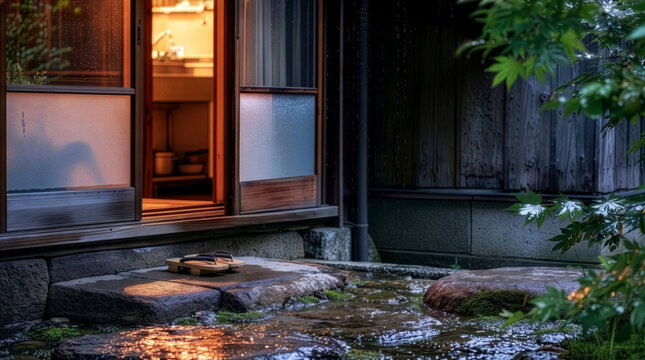 Wooden Geta Sandals on a Wet Stone Step at the Back Kitchen Door of an Old Japanese House After a Summer Evening Rain
