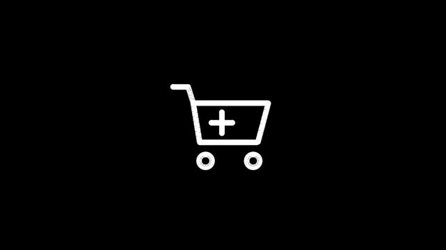 Add to cart animation, shopping cart outline icon with plus morphing into added to cart checkmark, ecommerce button for online store ads and product promo videos, black background