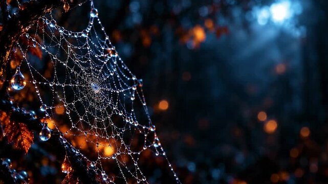 Macro Dewdrops on Spiderweb with Glowing Bokeh Halloween Seamless Loop
