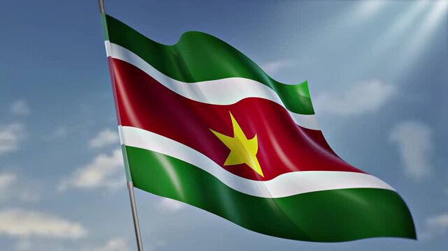 Suriname Flag Waving with Yellow Star, National Independence Symbol
