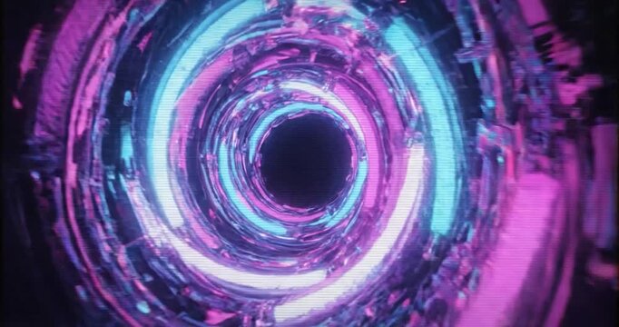 Abstract digital neon vortex tunnel with glowing pink and blue light rays