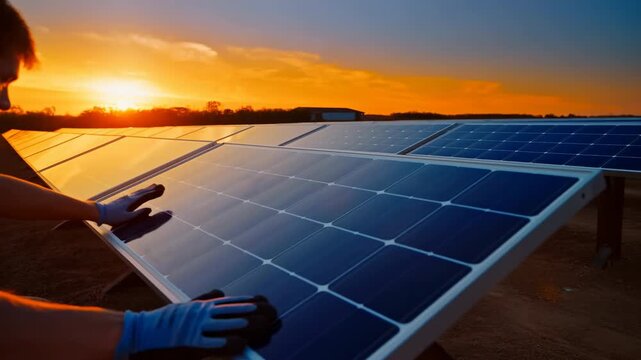Gloved hands slide across blue solar panel surface beside rows of photovoltaic modules outdoors, with orange sunlight reflecting on glossy cells beneath glowing evening sky