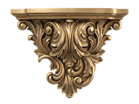 Baroque acanthus leaf bracket 3D render featuring ornate golden scrollwork and architectural corbel design for luxury interior design, historical restoration, and premium furniture assets.