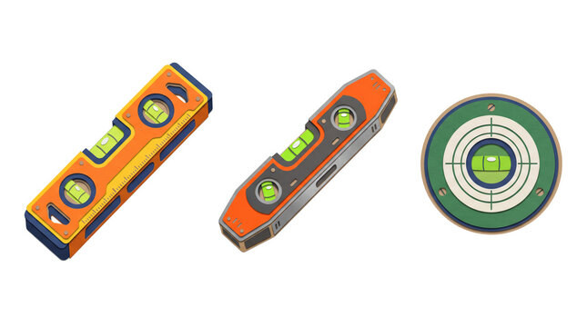 Three spirit levels including two rectangular orange construction tools and one circular green bullseye level, isolated on white background
