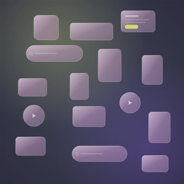 Modern glassmorphism user interface elements vector illustration featuring translucent frosted shapes set against a dark background