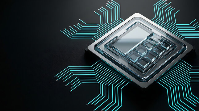Futuristic glass microprocessor chip with glowing blue circuits on dark background