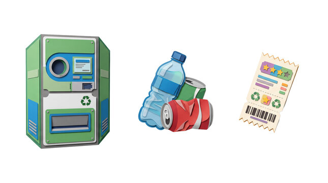 Green reverse vending machine, plastic bottle, crushed aluminum can, and a printed recycling reward receipt on a white background
