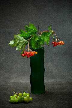 Guelder rose berries, grapes, and a glass vase against a dark background.