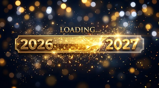 Golden loading screen displaying 2026 to 2027 with sparkling bokeh background