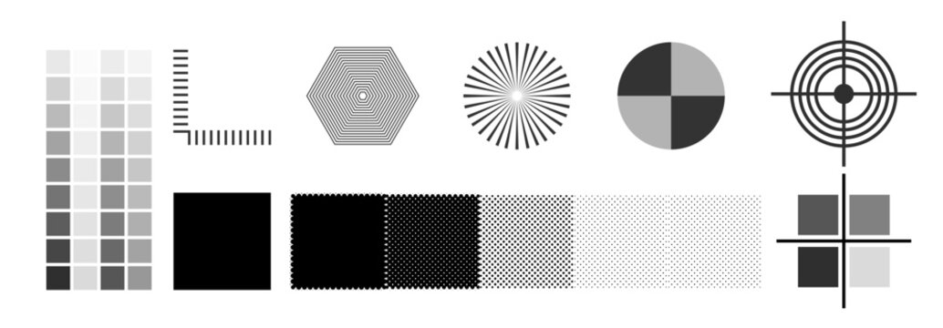 Printer Test Page Vector Set with Grayscale Color Chart, Registration Marks