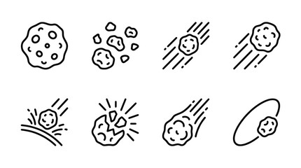 Asteroid line icon set, falling meteor and comet symbols, space rock collection © JK