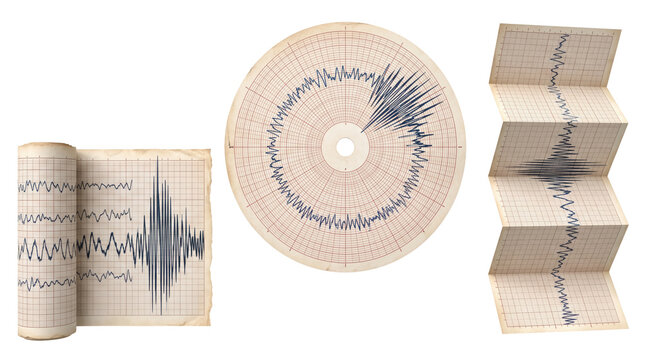 Three types of seismograph paper charts showing earthquake activity, including a roll, a circular disc, and a folded accordion strip of graph paper