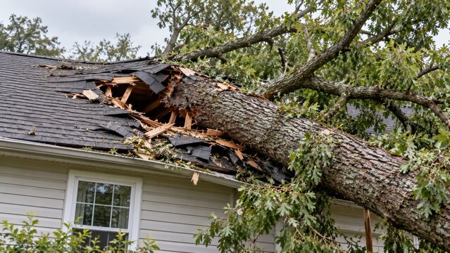 Fallen tree on house roof causing structural damage after storm, disaster and destruction.