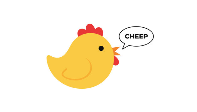 Cute yellow baby chick singing with speech bubble displaying cheep sound in a clean minimalist cartoon flat style vector graphic.