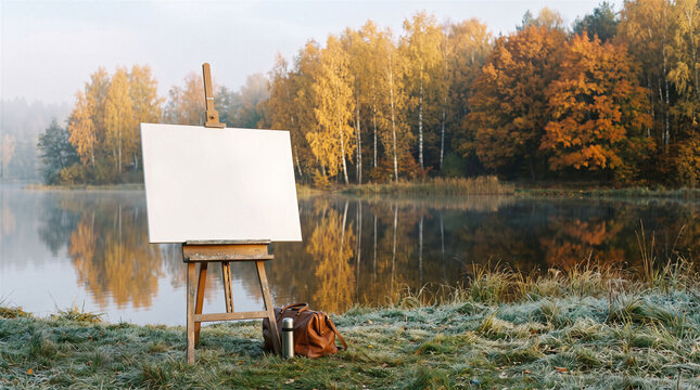Blank canvas and easel beside a dewy autumn lakeshore