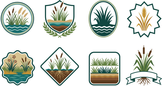 Set of nature badges with swamp reeds and water plants in decorative frames