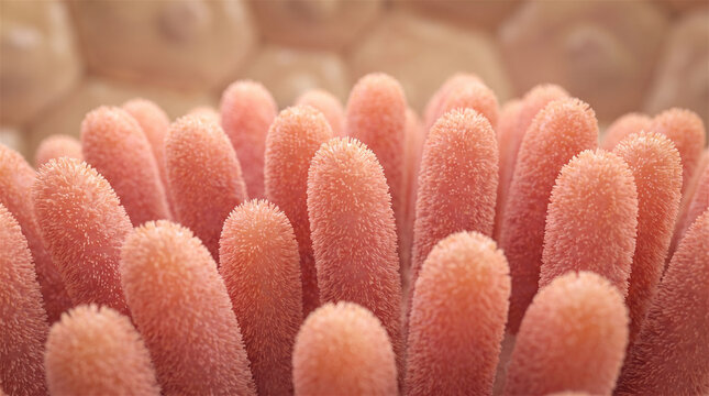 Microscopic 3D Rendering of Intestinal Villi for Nutrient Absorption and Digestive Gut Health Anatomy