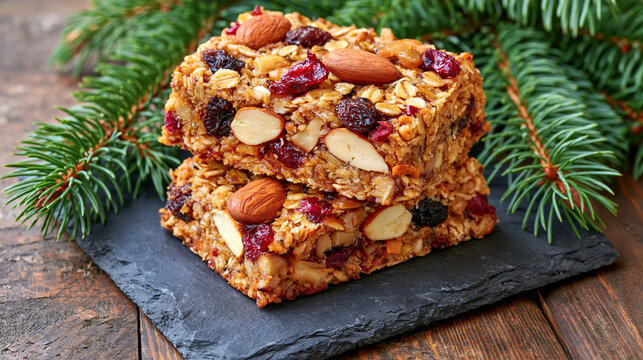 A pair of stacked rectangular energy bars made with rolled oats, roasted almonds, raisins, dried cranberries, and finely diced edible mushrooms, photographed on dark slate with fresh fir needles arr