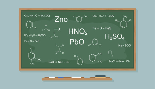 Green classroom chalkboard covered with drawn chemical formulas, molecular structures, and scientific equations.