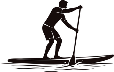 Athlete standing on paddleboard while rowing across water with stand up paddle © Md