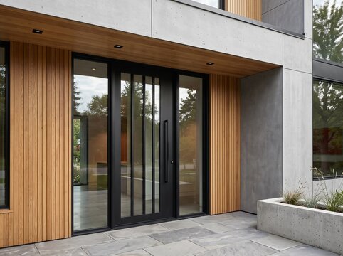 Professional architectural photograph of a modern home's entrance featuring a tall black steel-framed front door with large vertical glass panels, slim metal mullions, and a minimalist black handle.