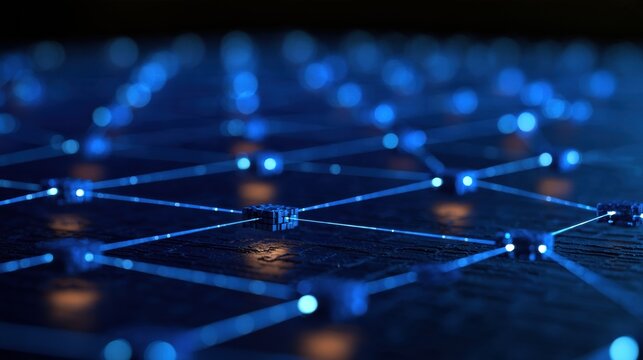 This visual represents the concept of quantum blockchain and distributed ledger technology with a dark background and glowing network connections.