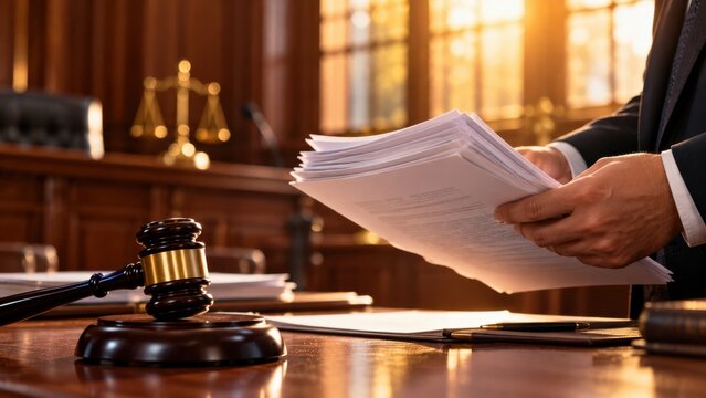 Gavel resting on wooden desk next to legal documents held by judge person in courtroom for justice and litigation setup.