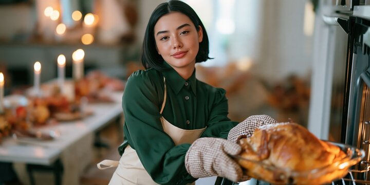 Woman serving roasted turkey in apron at cozy candlelit dinner table for holiday feast background and seasonal banner design