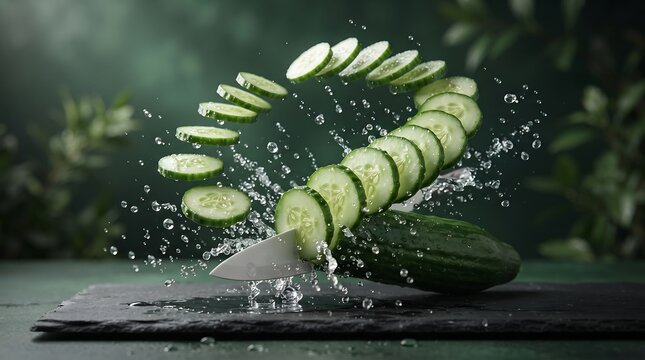 cucumber slices suspended in water splash beside a kitchen knife