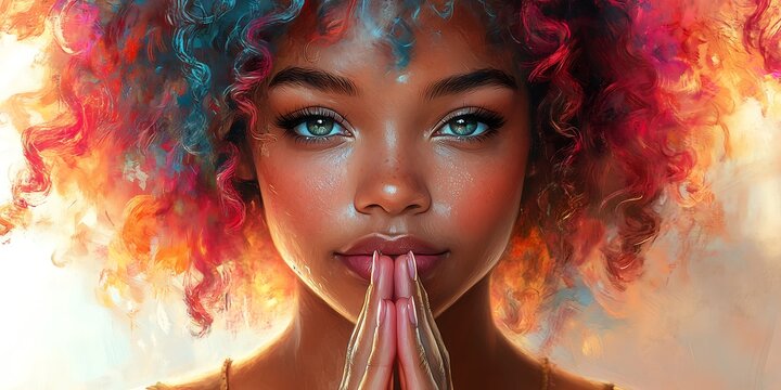 Colorful portrait of a praying woman with vivid red curls